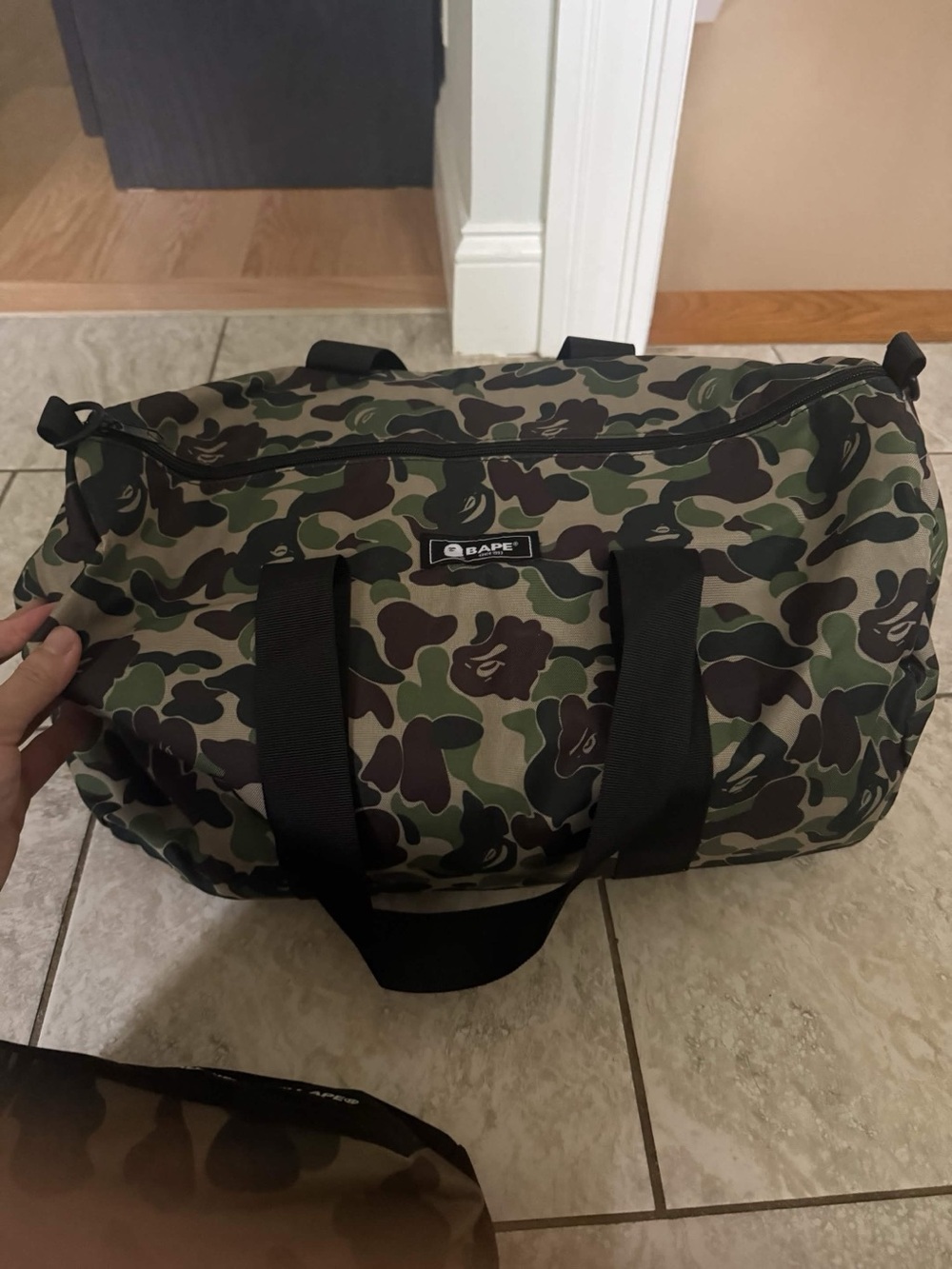 Bape Green Camo Duffel Bag with Black Straps